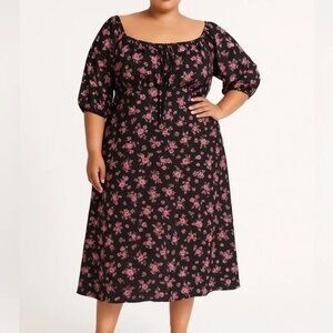 NEW Bloomchic Black & Pink Floral Midi Dress with Puff Sleeve | 28